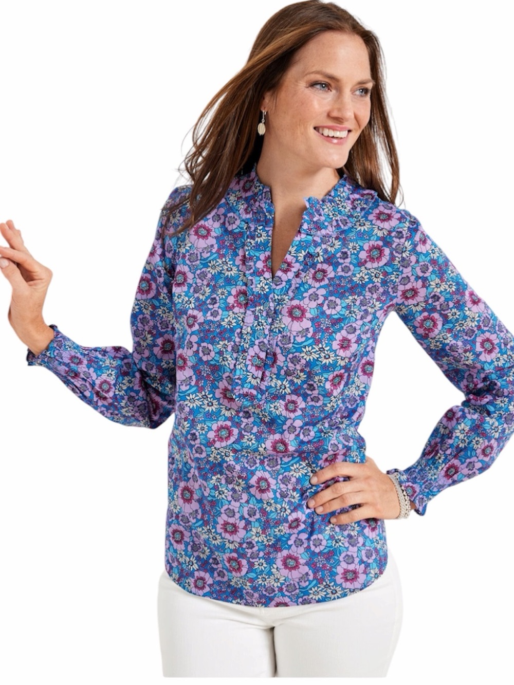 Talbots Smocked Cuff Ruffle-Trim Long-Sleeve Top in Blooming Floral. Size Large